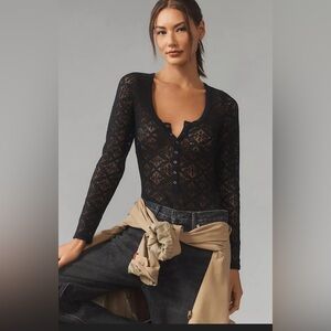 PILCRO Anthropologie Sheer Lace Bodysuit Women XL Button Front Stretch Black EUC